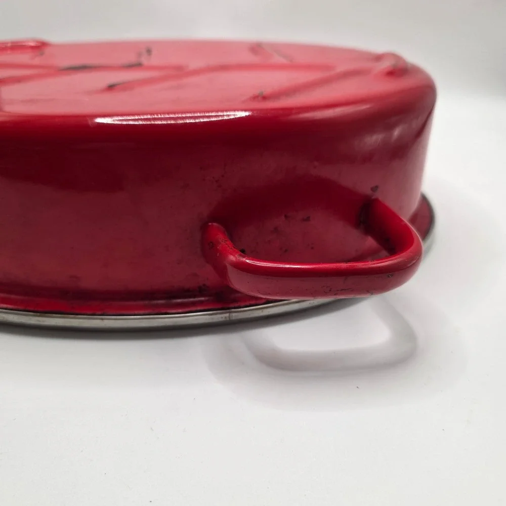Vintage Red Enamel Roasting Pan Oval Lid Farmhouse Rustic Decor Primitive Roast